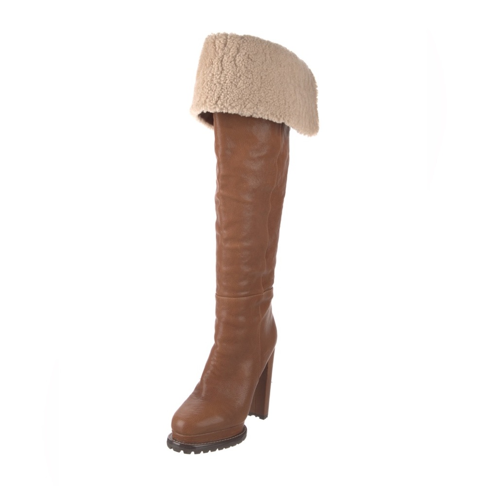 NEW Alice + Olivia Brown Leather Shearling Sherpa Over-the-Knee Platform Boots